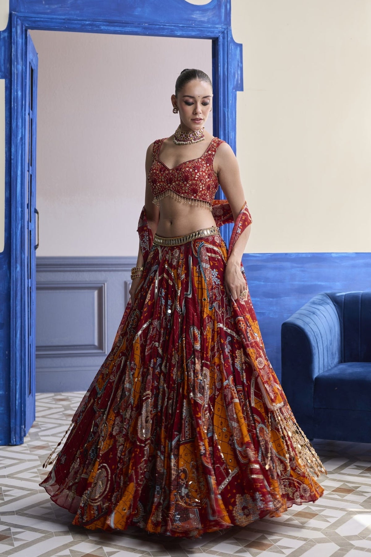 Rust Mosaic Sweetheart Blouse With Lehenga & Tassel Dupatta Set