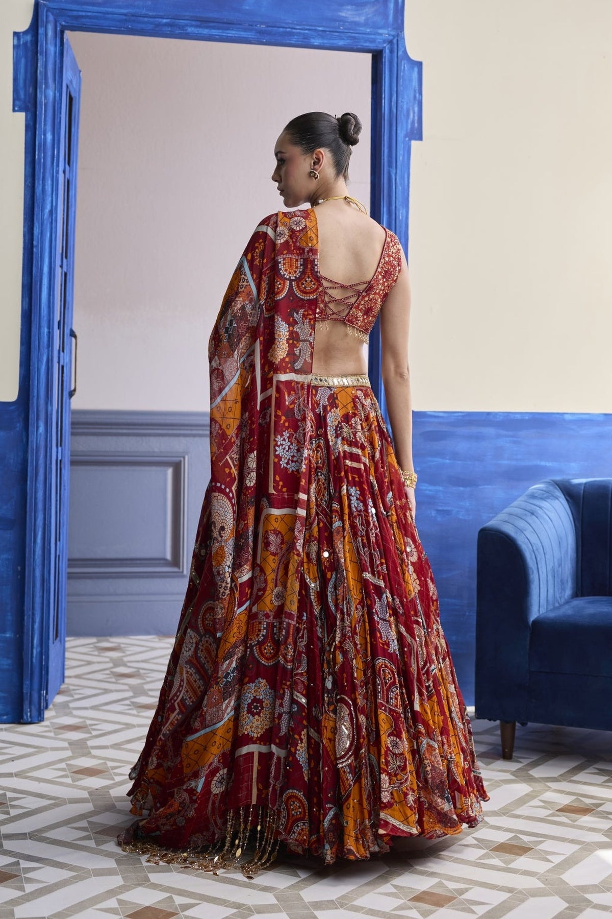 Rust Mosaic Sweetheart Blouse With Lehenga & Tassel Dupatta Set