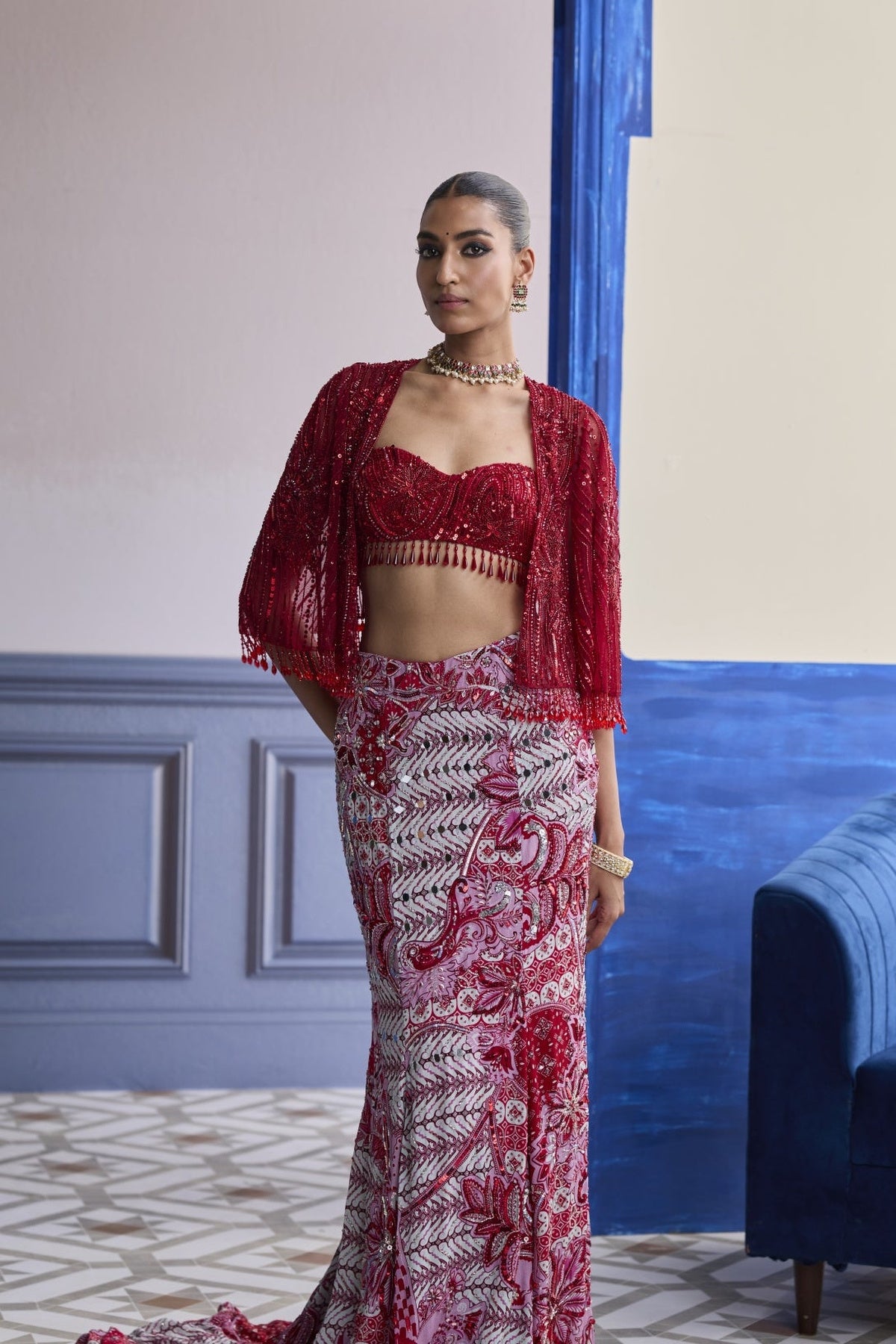 Red Embroidered Blouse With Tassel Cape Jacket & Mermaid Skirt Set