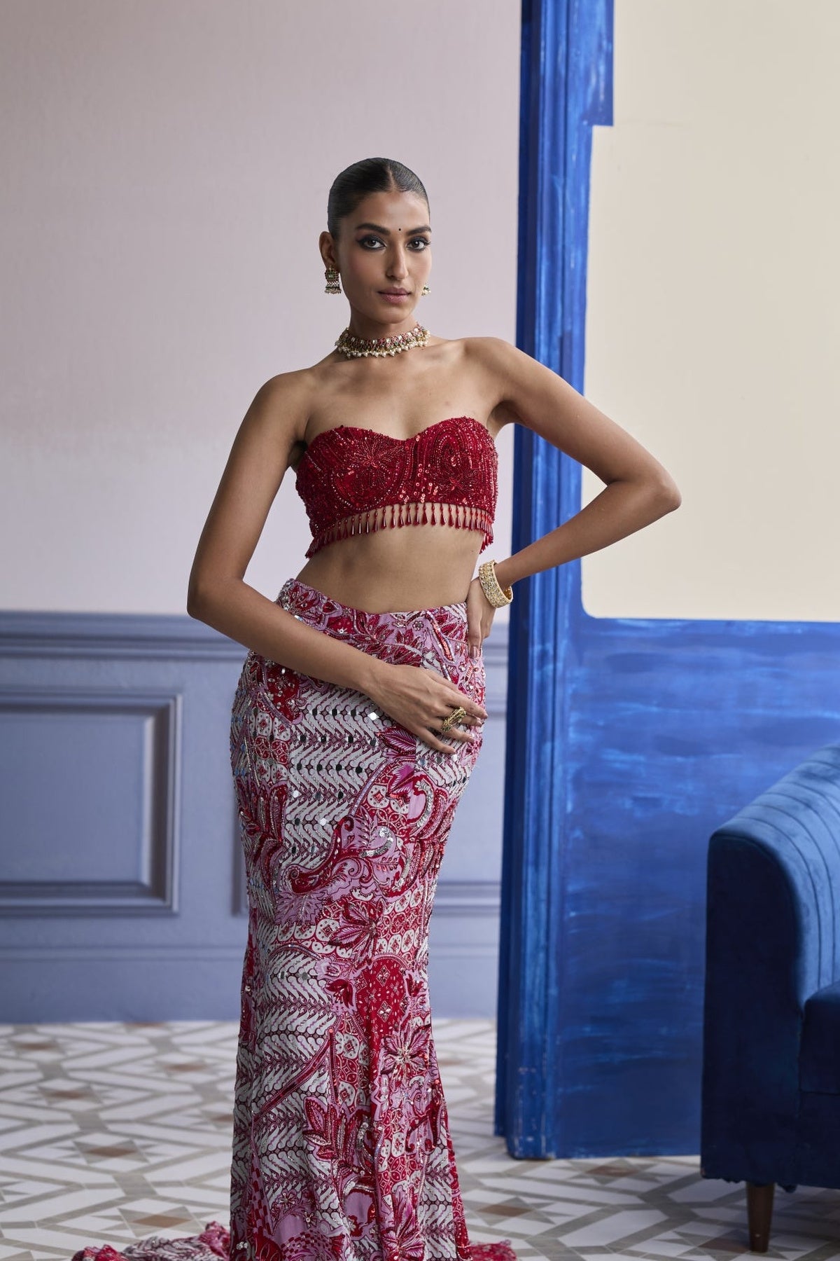 Red Embroidered Blouse With Tassel Cape Jacket & Mermaid Skirt Set