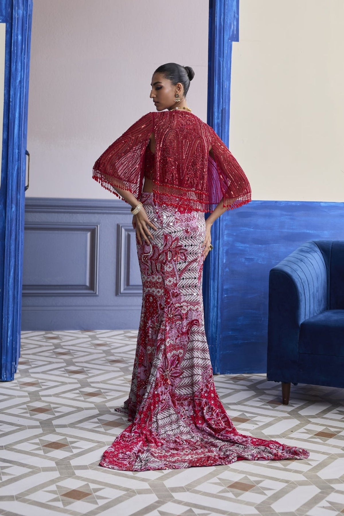 Red Embroidered Blouse With Tassel Cape Jacket & Mermaid Skirt Set