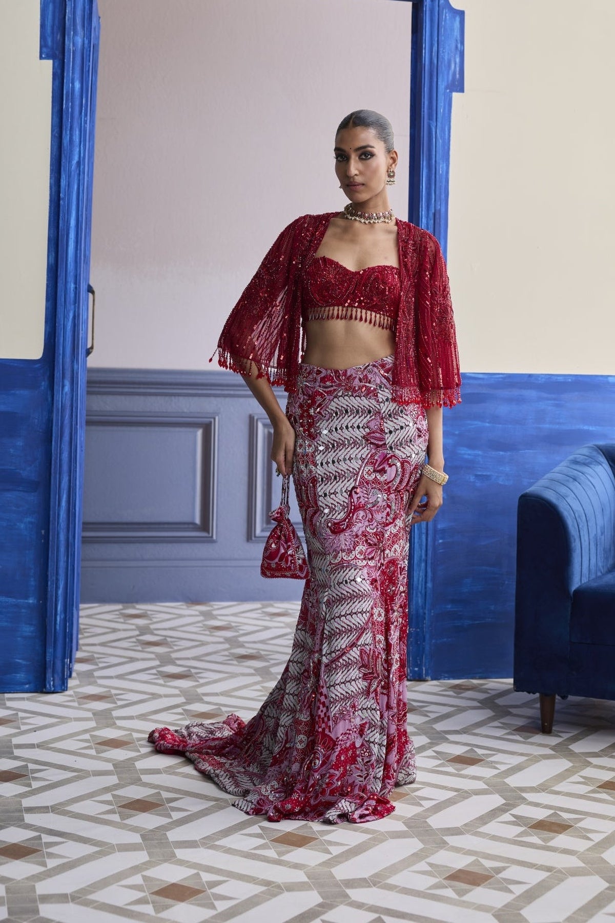 Red Embroidered Blouse With Tassel Cape Jacket & Mermaid Skirt Set