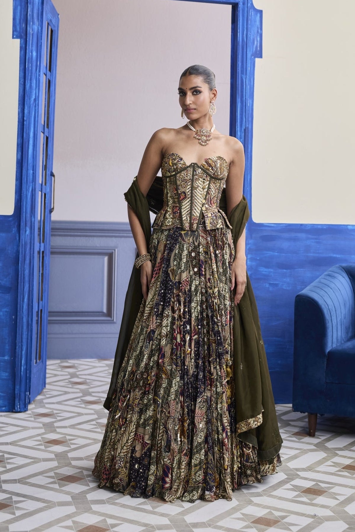 Olive Print Corset With Highlighted Lehenga & Embroidered Dupatta Set