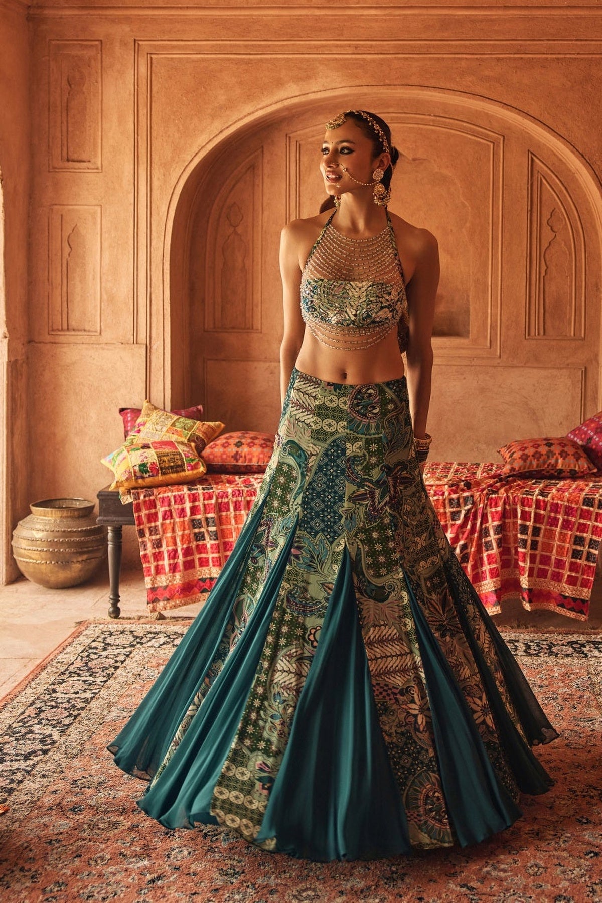 Jeweled Green Halter Blouse With Flared Godet Skirt Set