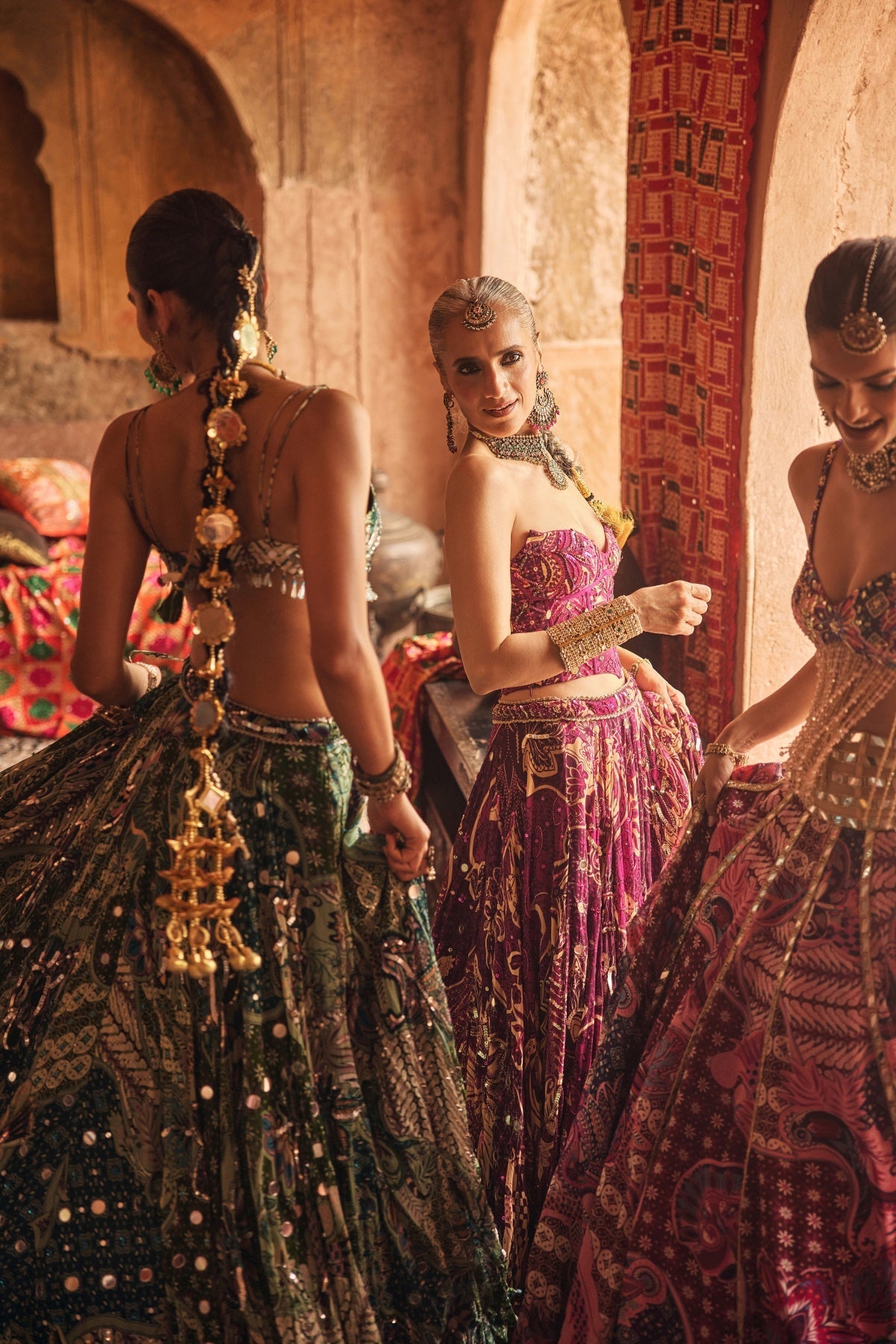 Green Floral Blouse With Statement Highlighted Lehenga Set