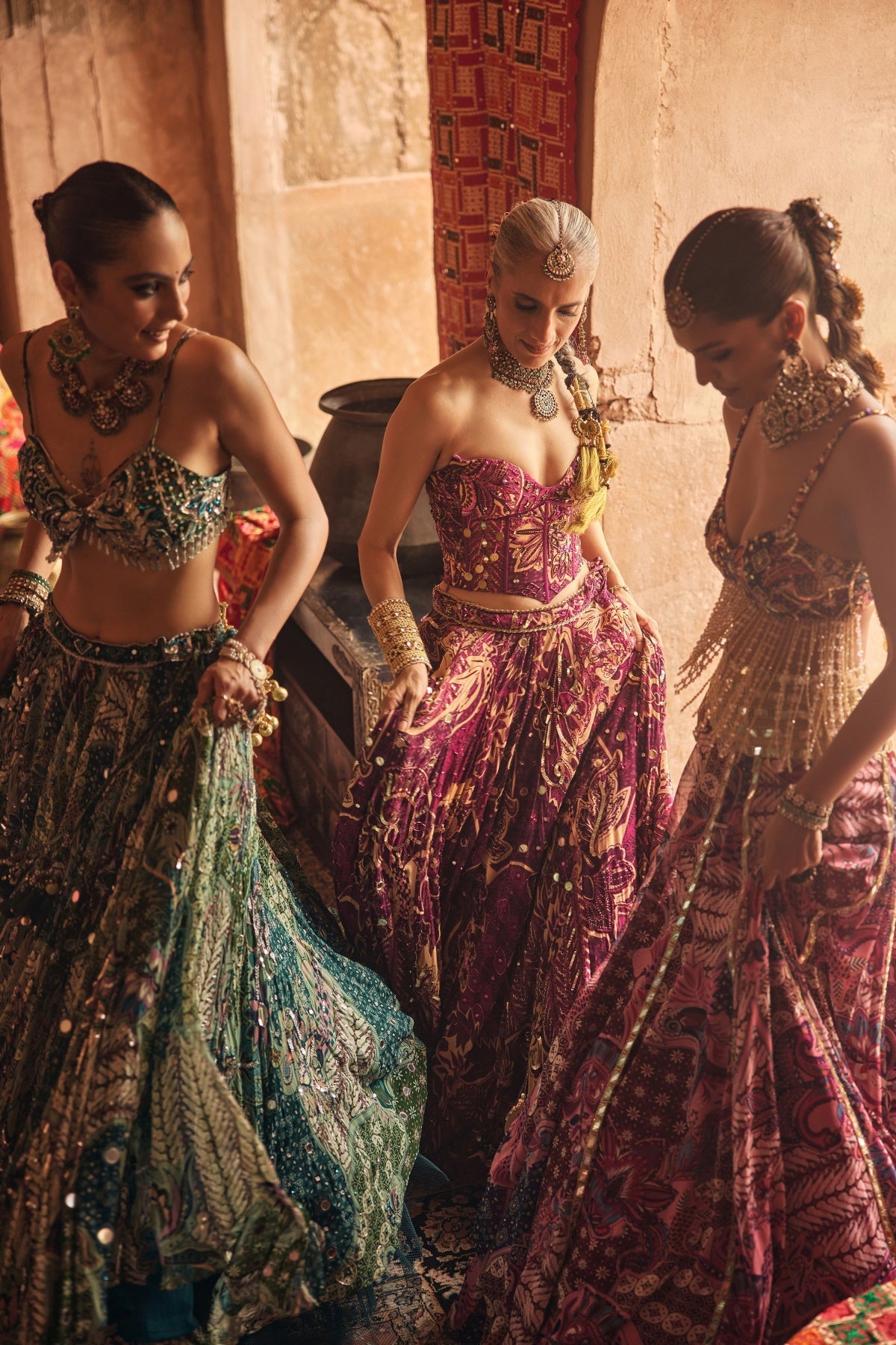 Green Floral Blouse With Statement Highlighted Lehenga Set