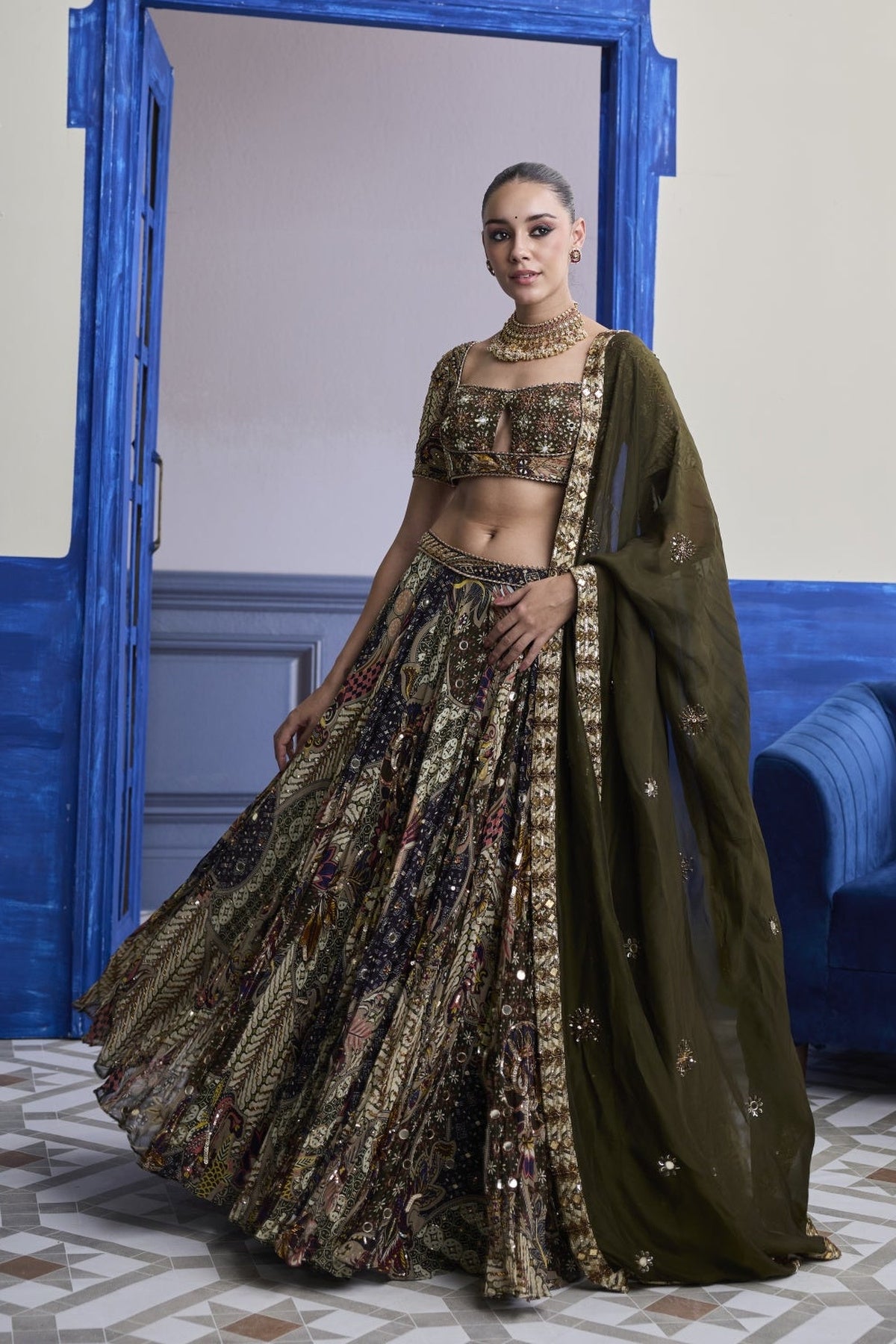 Olive Print Blouse With Highlighted Lehenga & Embroidered Dupatta Set