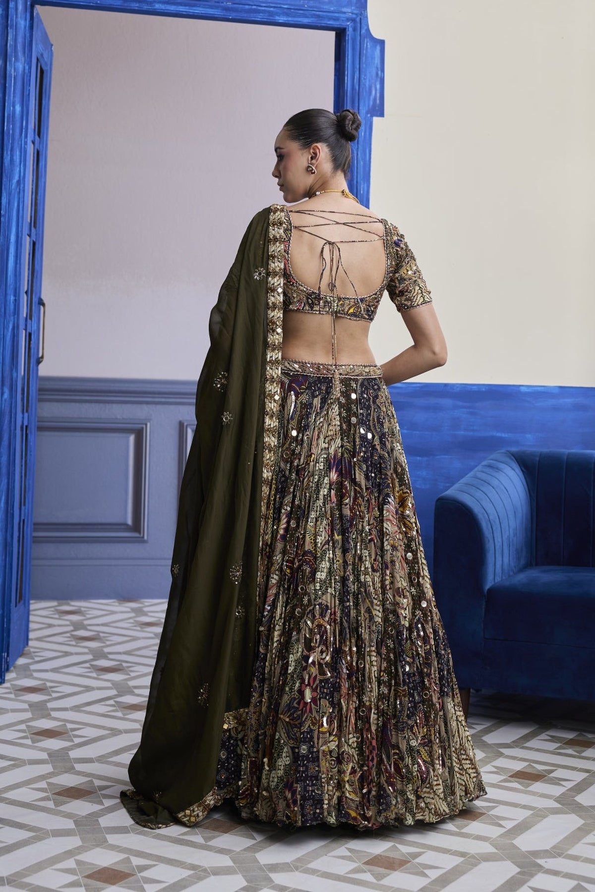 Olive Print Blouse With Highlighted Lehenga & Embroidered Dupatta Set