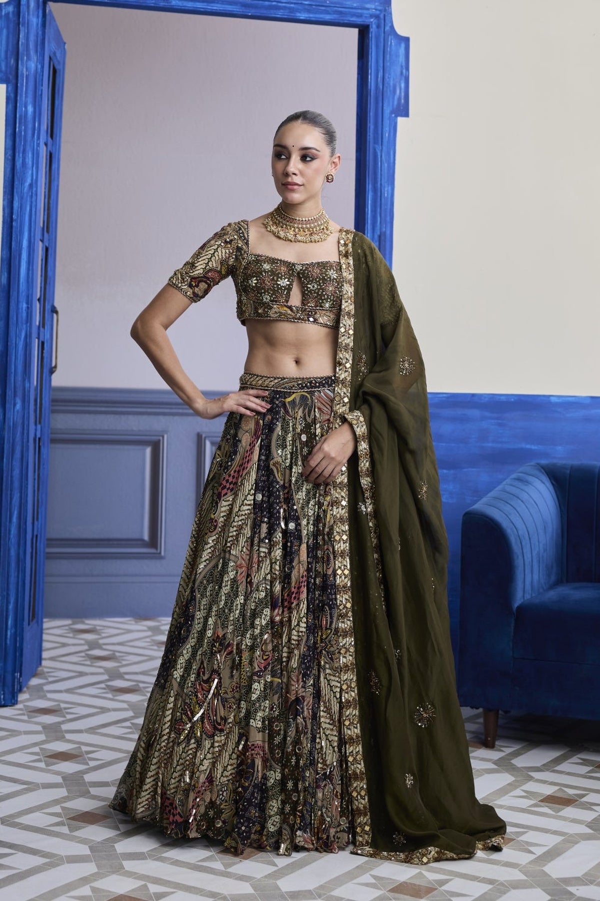 Olive Print Blouse With Highlighted Lehenga & Embroidered Dupatta Set