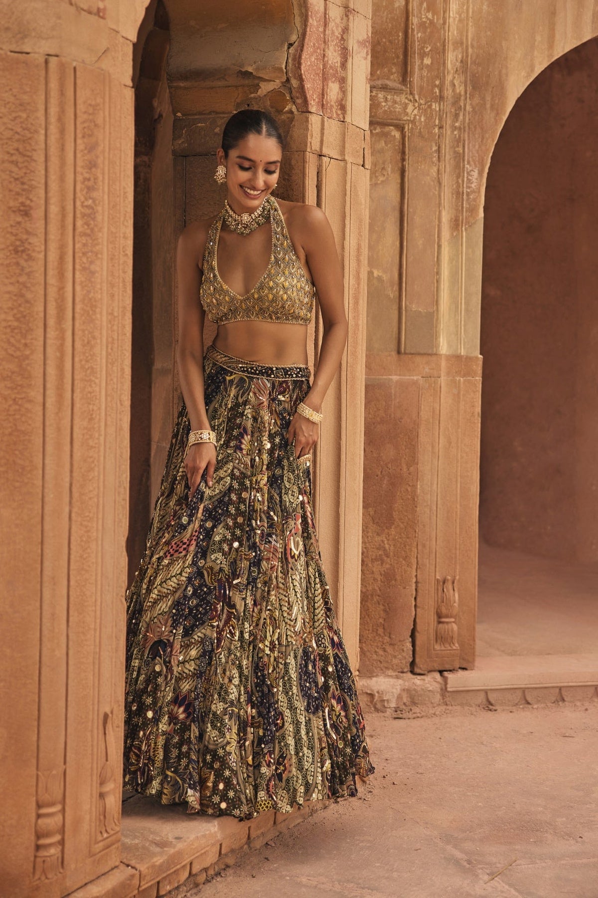 Grey & Yellow Embroidered Blouse With Highlighted Lehenga Set