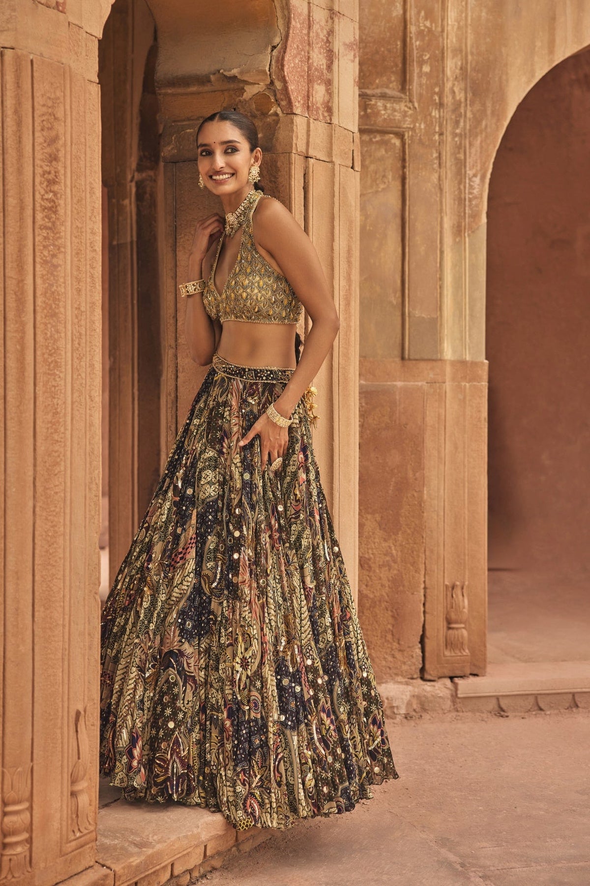 Grey & Yellow Embroidered Blouse With Highlighted Lehenga Set