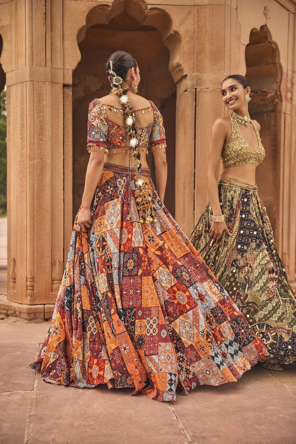 Grey & Yellow Embroidered Blouse With Highlighted Lehenga Set