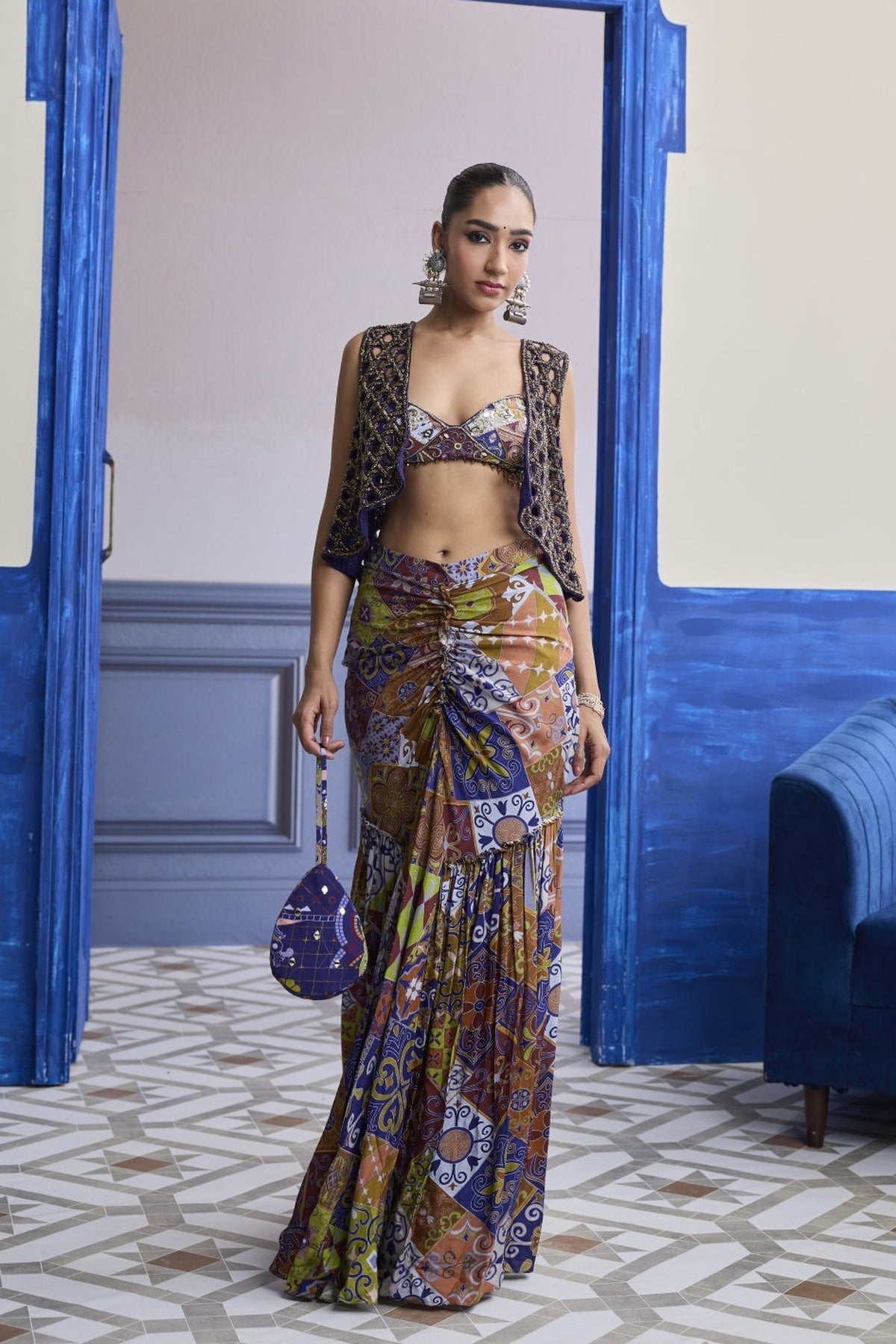 Violet Mosaic Bustier With Cutwork Jacket & Gathered Dhoti Skirt Set