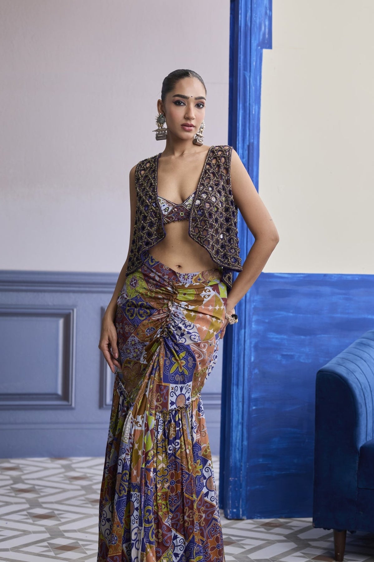 Violet Mosaic Bustier With Cutwork Jacket & Gathered Dhoti Skirt Set