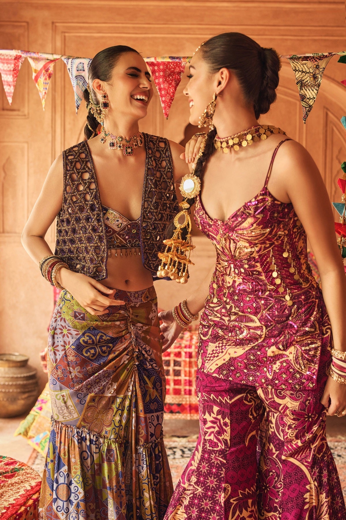 Violet Mosaic Bustier With Cutwork Jacket & Gathered Dhoti Skirt Set