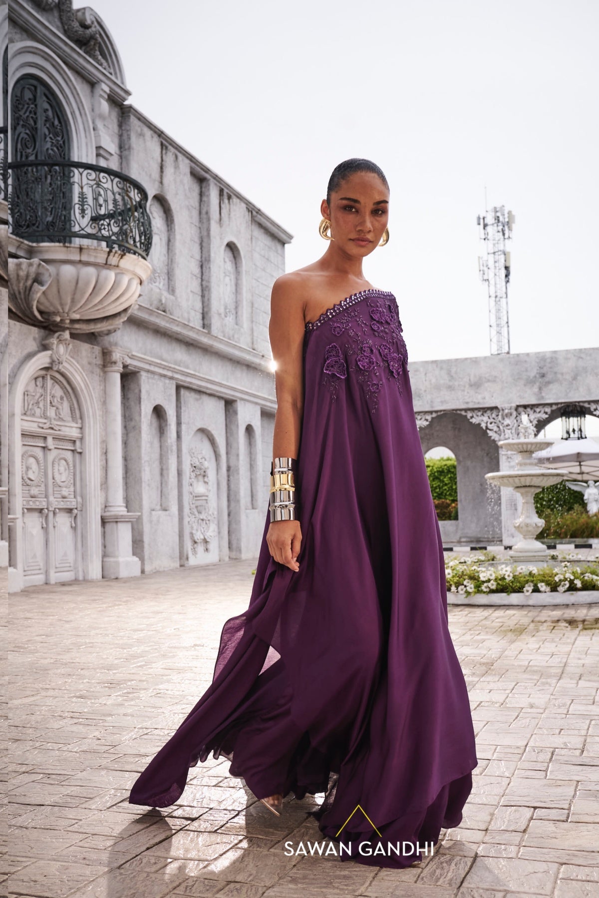 Wine one shoulder cape