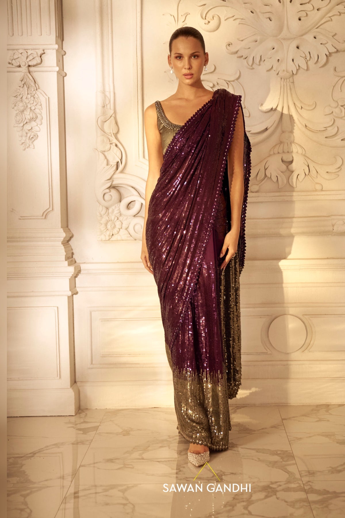 Wine to grey sequins saree