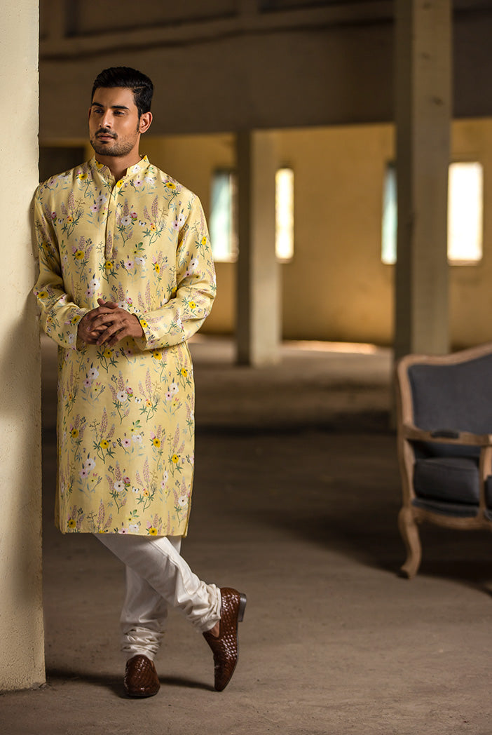YELLOW PRINTED SILK KURTA WITH OFF WHITE COTTON SILK CHURIDAR