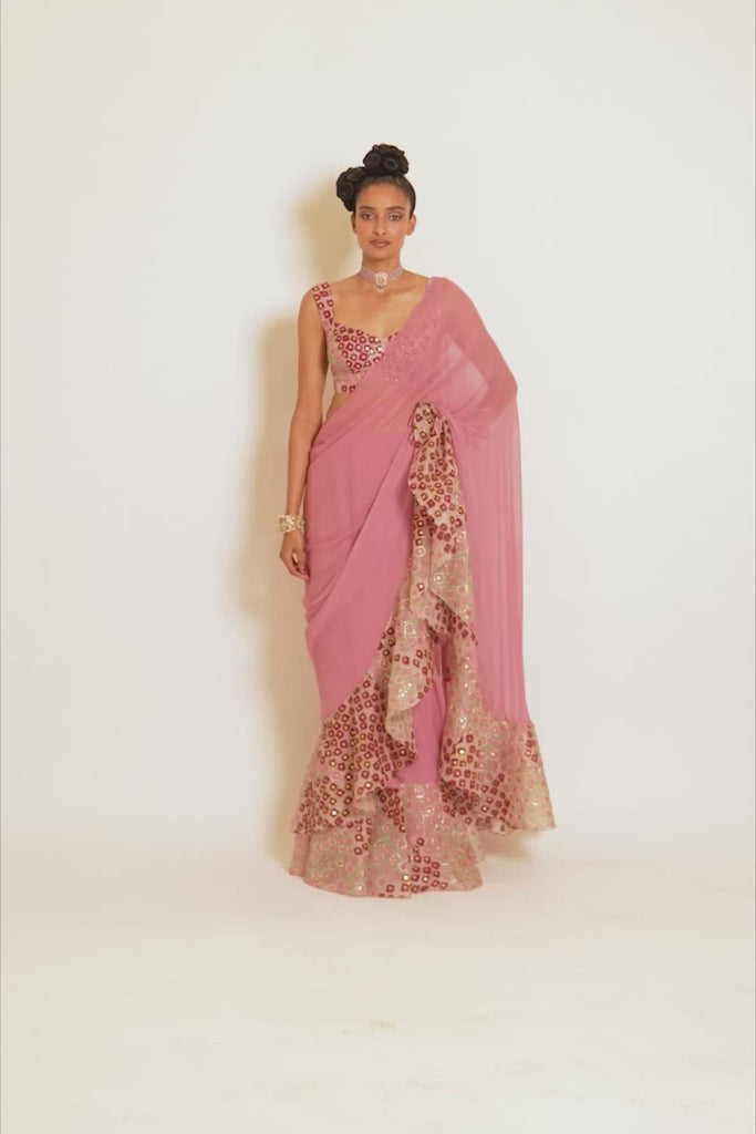 Pink Divergence Organza Eye Printed And Embellished Ruffle Saree And Blouse