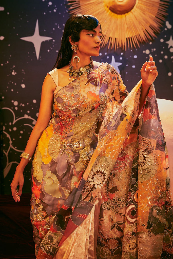 Peach Paper Dolls Organza Printed And Embellished Tissue Saree And Blouse