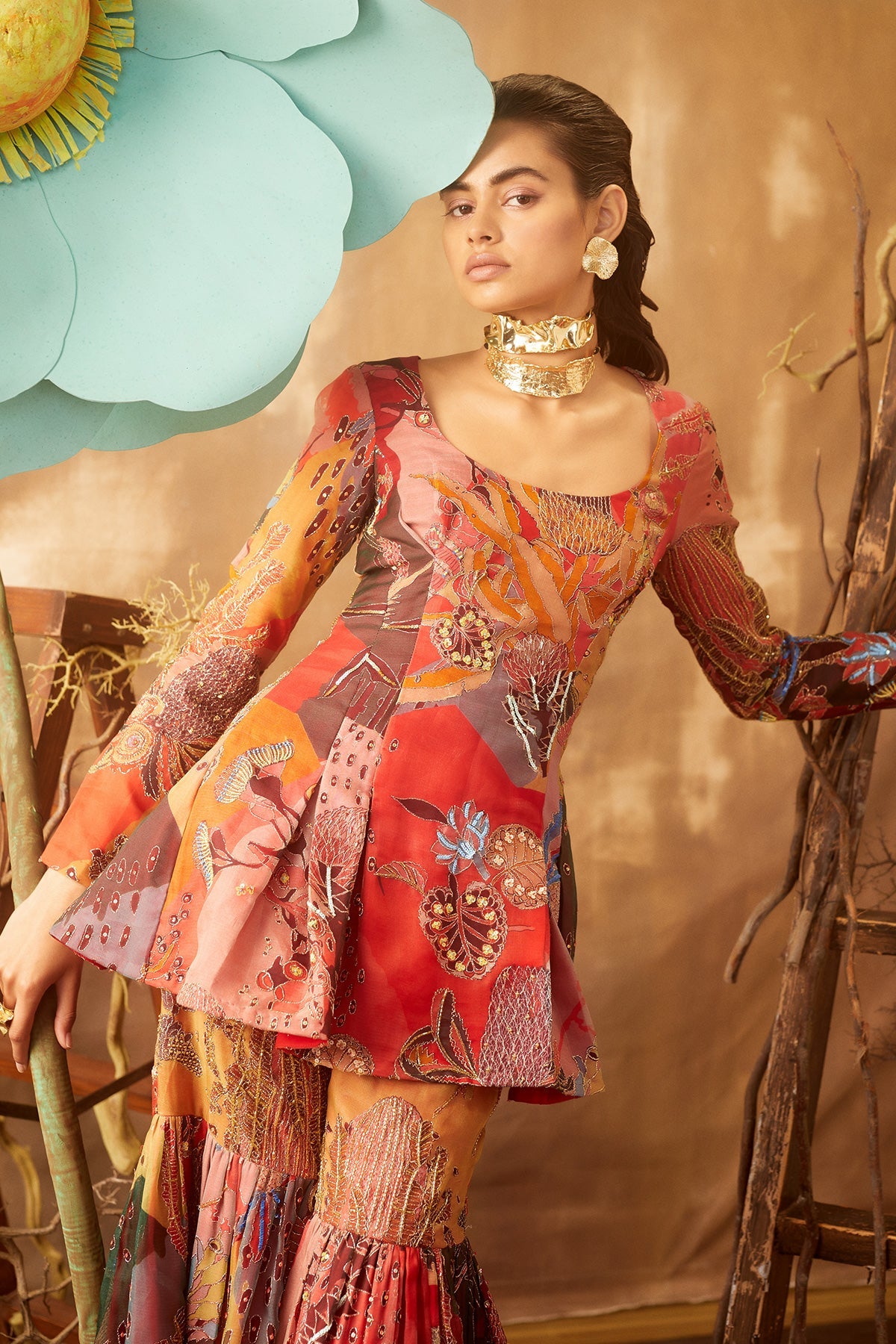 HIBISCUS - Fiery Red Pastiche Organza Printed And Embellished Sharara Set with Cutwork Dupatta