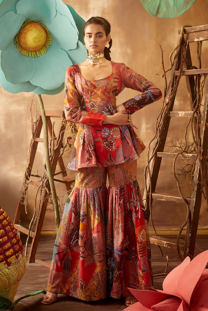 Fiery Red Pastiche Organza Printed And Embellished Sharara Set with Cutwork Dupatta