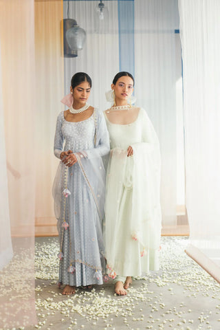 IVORY CREPE SAREE WITH MEADOW MIST BLOUSE
