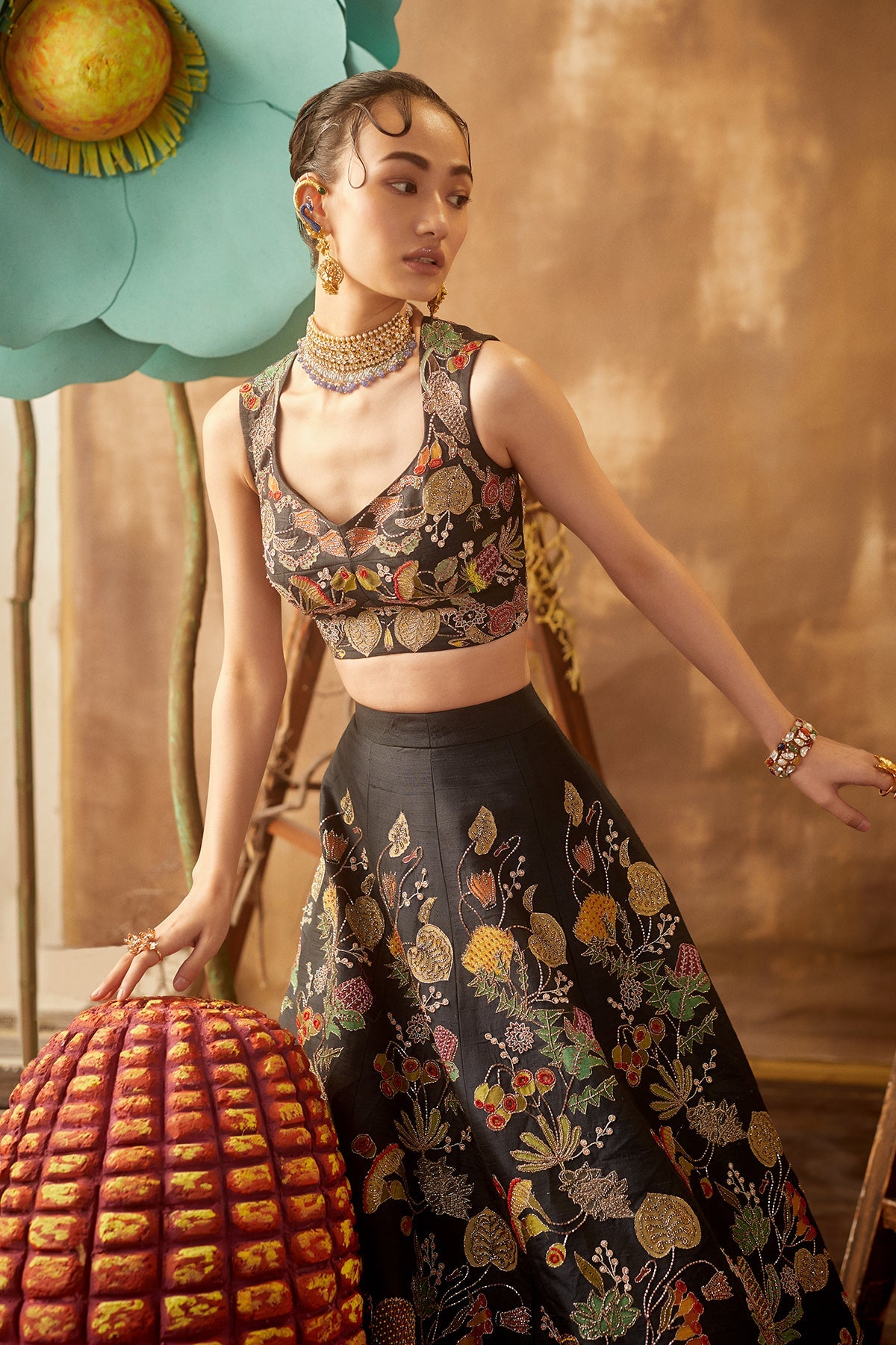 NIGHTSHADE - Black Pastiche Raw Silk Appliquéd And Embellished Lehenga With Blouse And Cutwork Dupatta