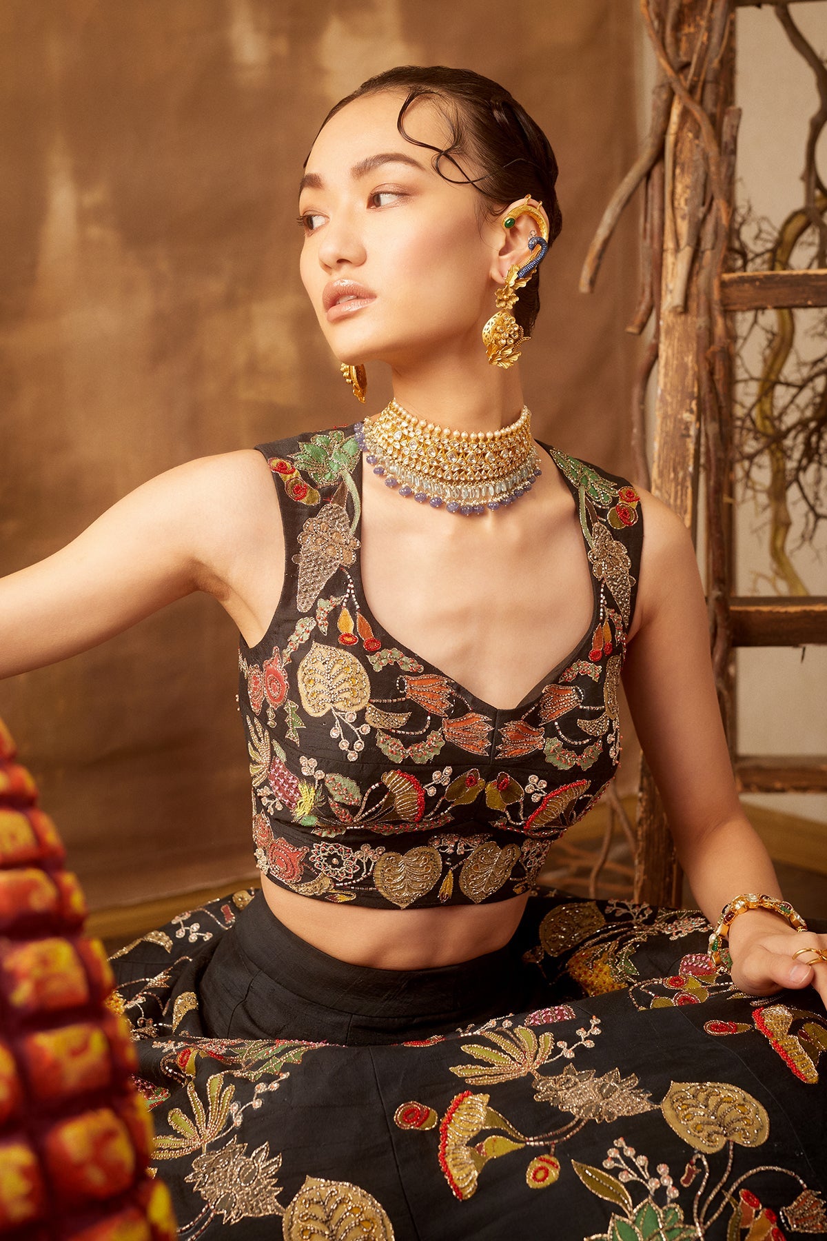 NIGHTSHADE - Black Pastiche Raw Silk Appliquéd And Embellished Lehenga With Blouse And Cutwork Dupatta