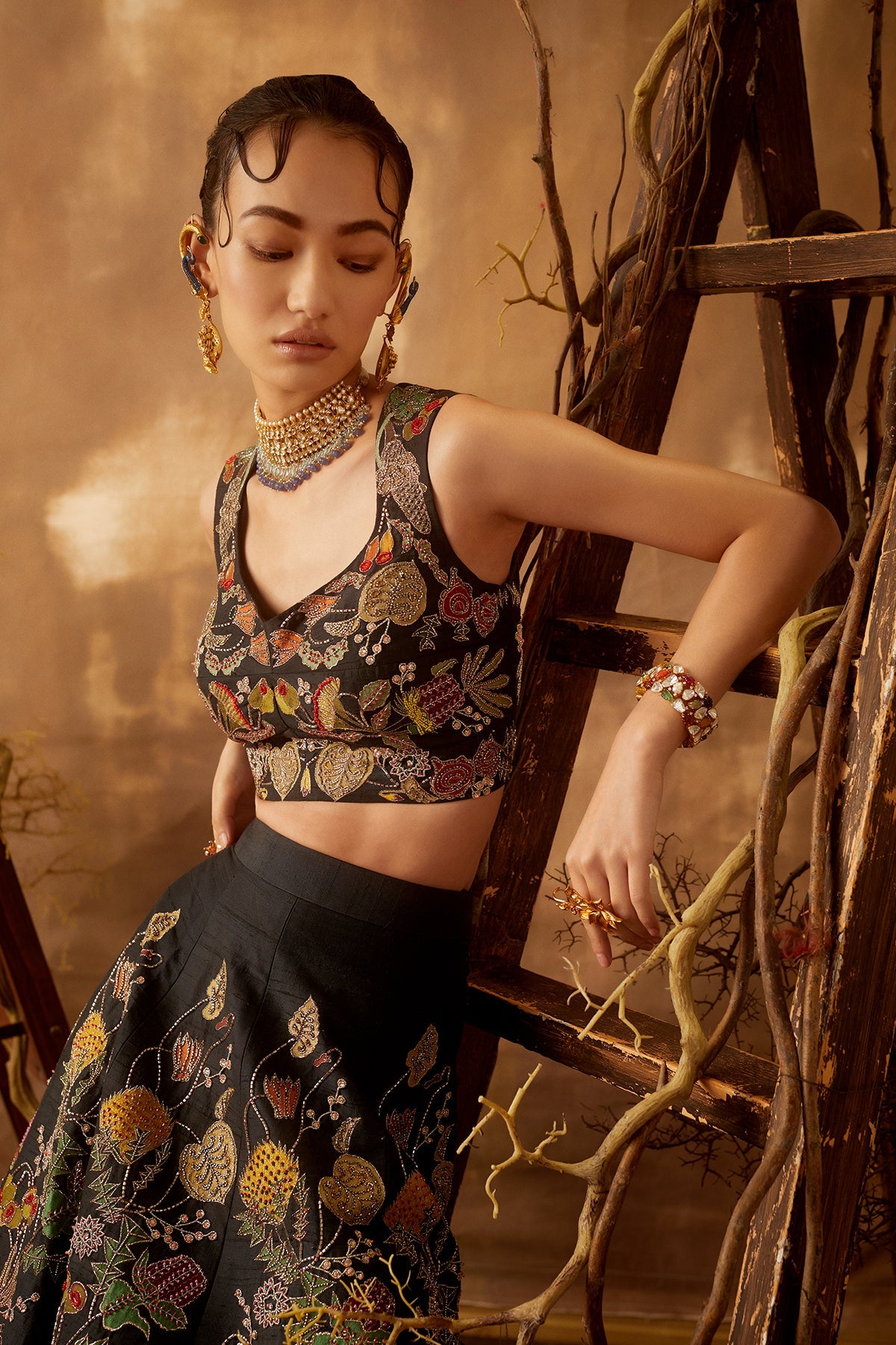 NIGHTSHADE - Black Pastiche Raw Silk Appliquéd And Embellished Lehenga With Blouse And Cutwork Dupatta