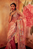 Rose Pink Paper Dolls Tissue Appliquéd And Embellished Saree And Blue Tissue Blouse