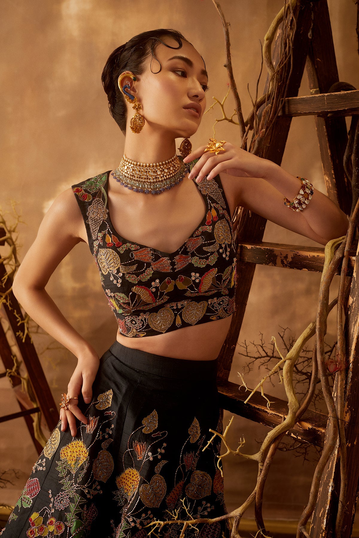 NIGHTSHADE - Black Pastiche Raw Silk Appliquéd And Embellished Lehenga With Blouse And Cutwork Dupatta