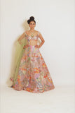 Peach Divergence Tissue Appliquéd And Embellished Lehenga With Blouse And Tulle Dupatta