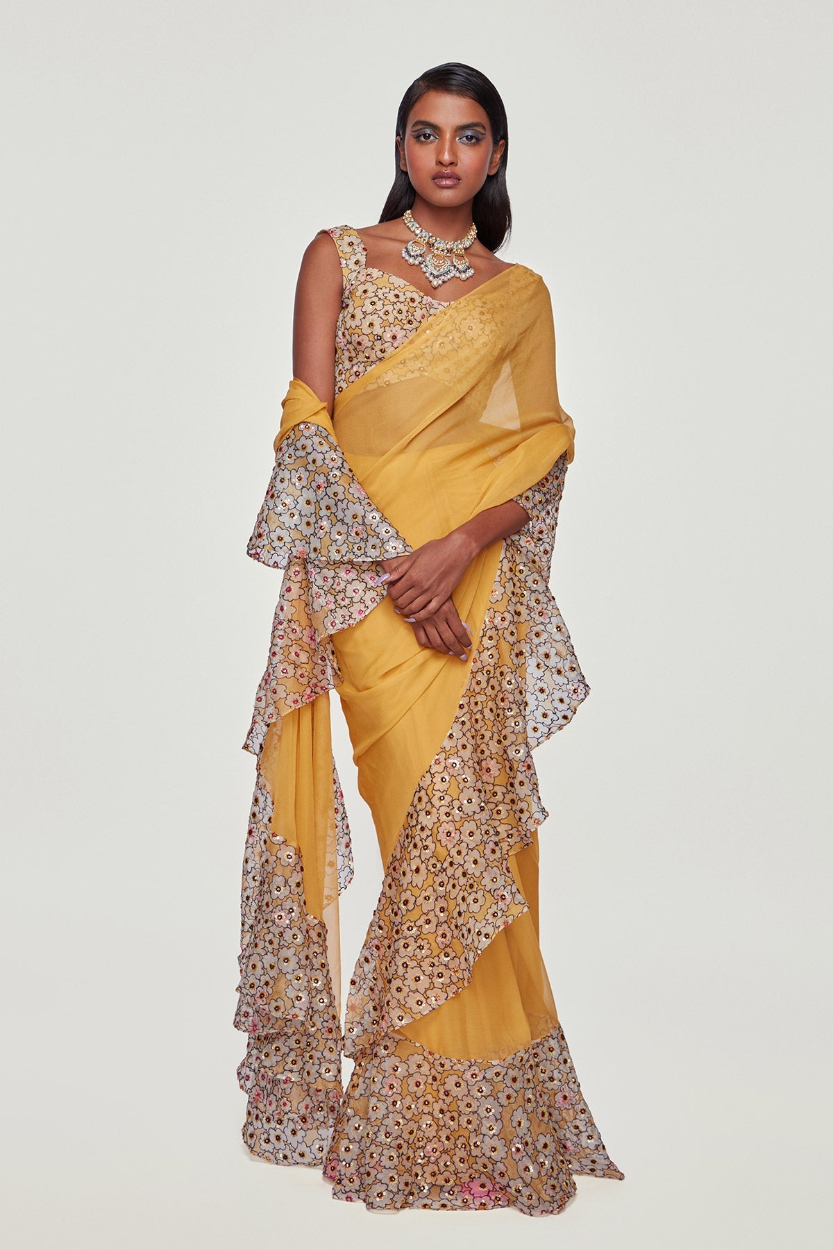 MAIZE - Yellow Divergence Organza Printed and Embellished Ruffle Saree And Blouse.