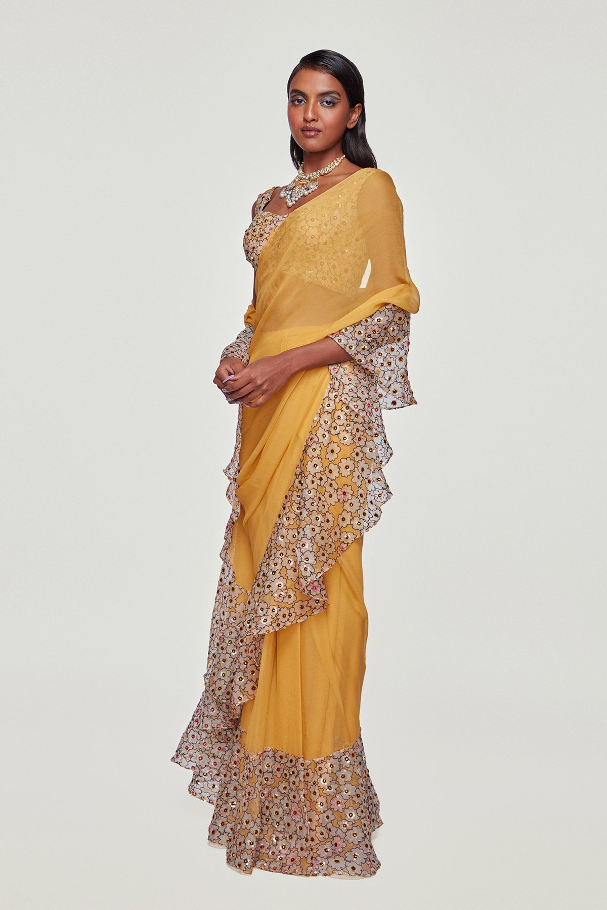 MAIZE - Yellow Divergence Organza Printed and Embellished Ruffle Saree And Blouse.