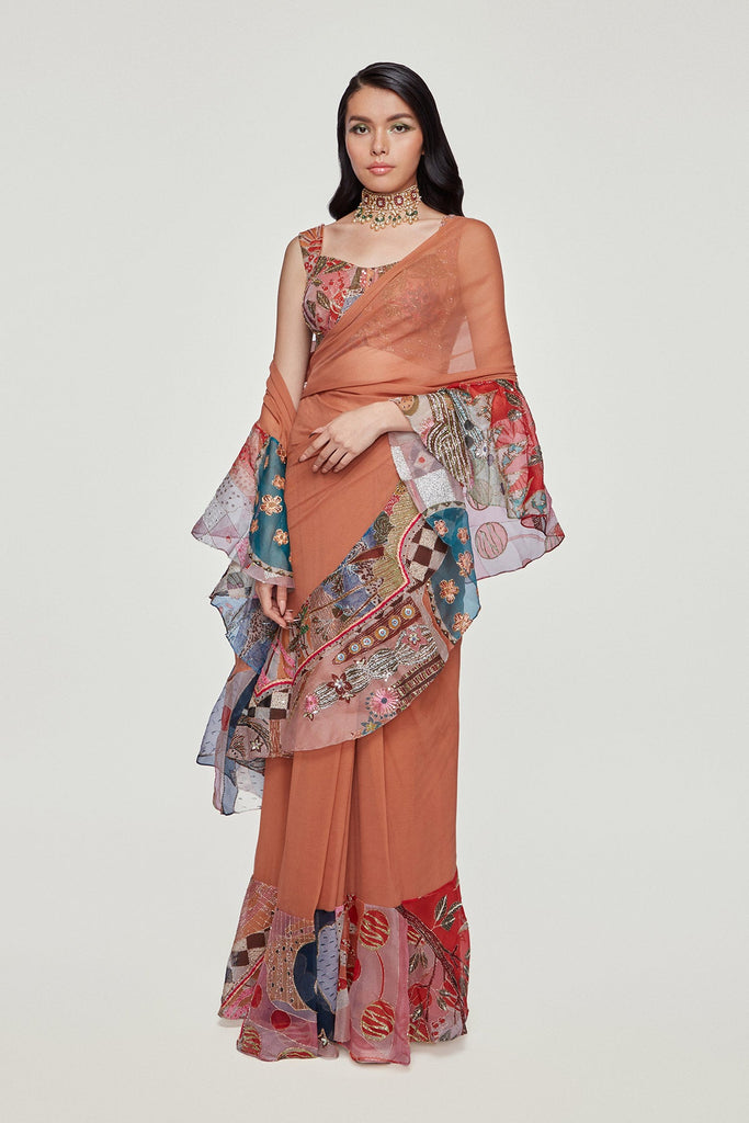 Orange Divergence Organza Printed And Embellished Ruffle Saree and Blouse.