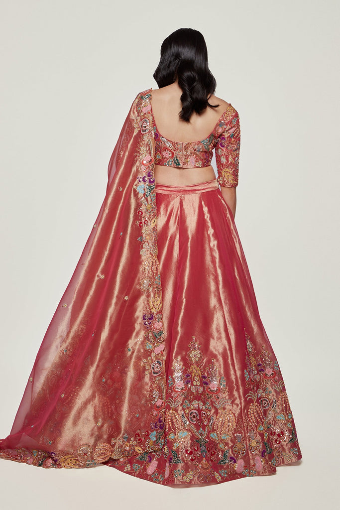 Magenta Pink Paper Dolls Tissue Appliquéd And Embellished Lehenga With Blouse And Cutwork Tissue Dupatta
