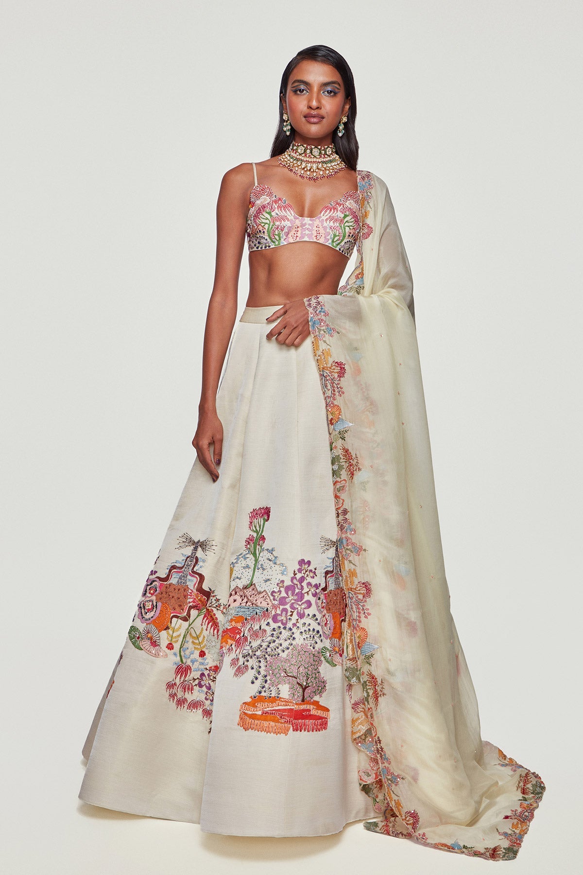 ELIXIR - Ivory Divergence Silk Appliquéd And Embellished Lehenga With Blouse And Cutwork Organza Dupatta