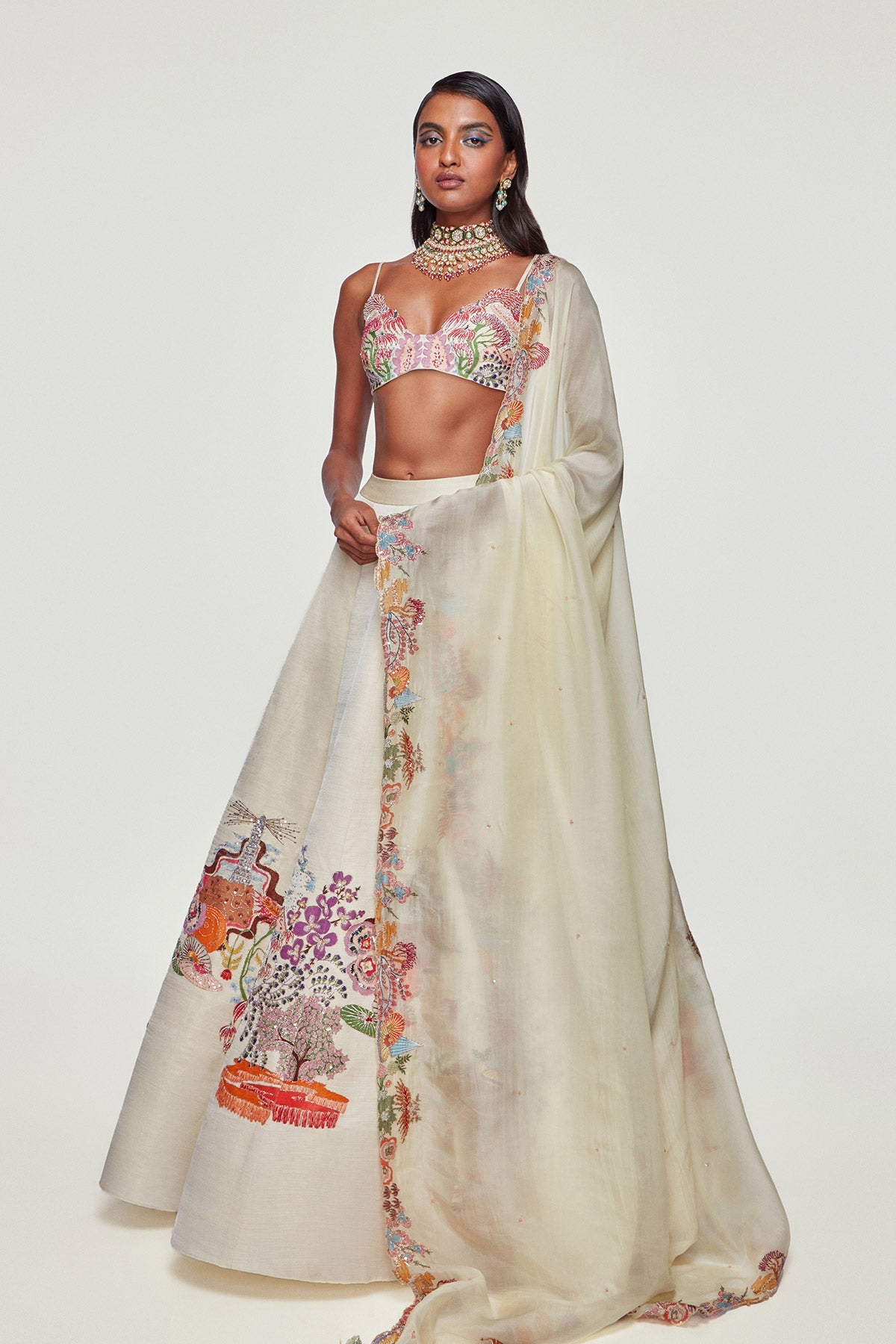 ELIXIR - Ivory Divergence Silk Appliquéd And Embellished Lehenga With Blouse And Cutwork Organza Dupatta