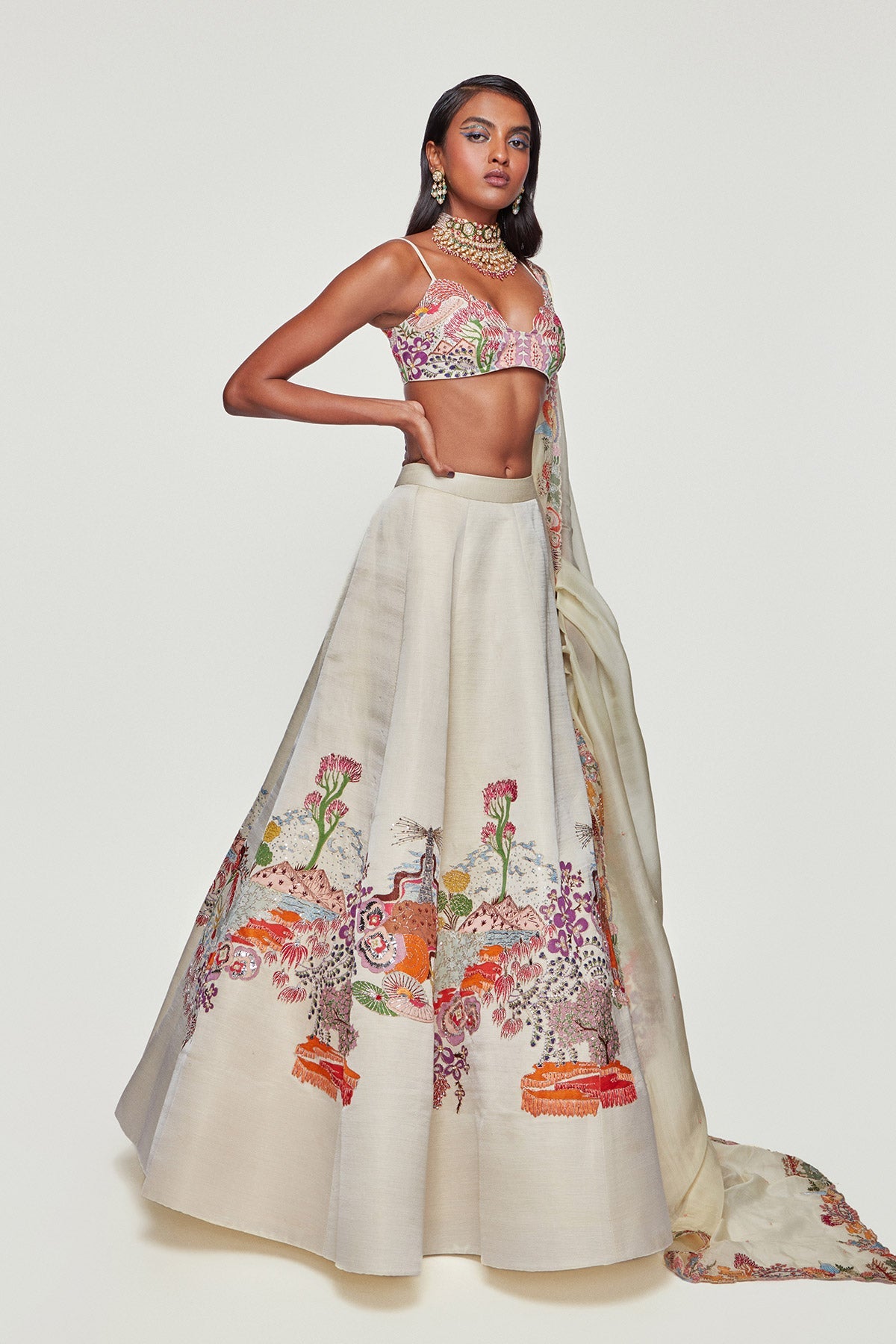 ELIXIR - Ivory Divergence Silk Appliquéd And Embellished Lehenga With Blouse And Cutwork Organza Dupatta