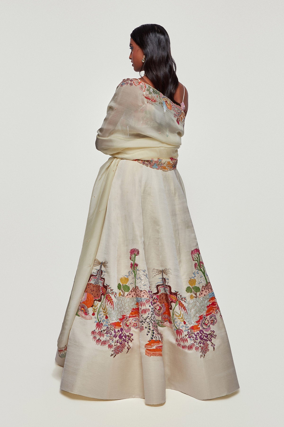 ELIXIR - Ivory Divergence Silk Appliquéd And Embellished Lehenga With Blouse And Cutwork Organza Dupatta