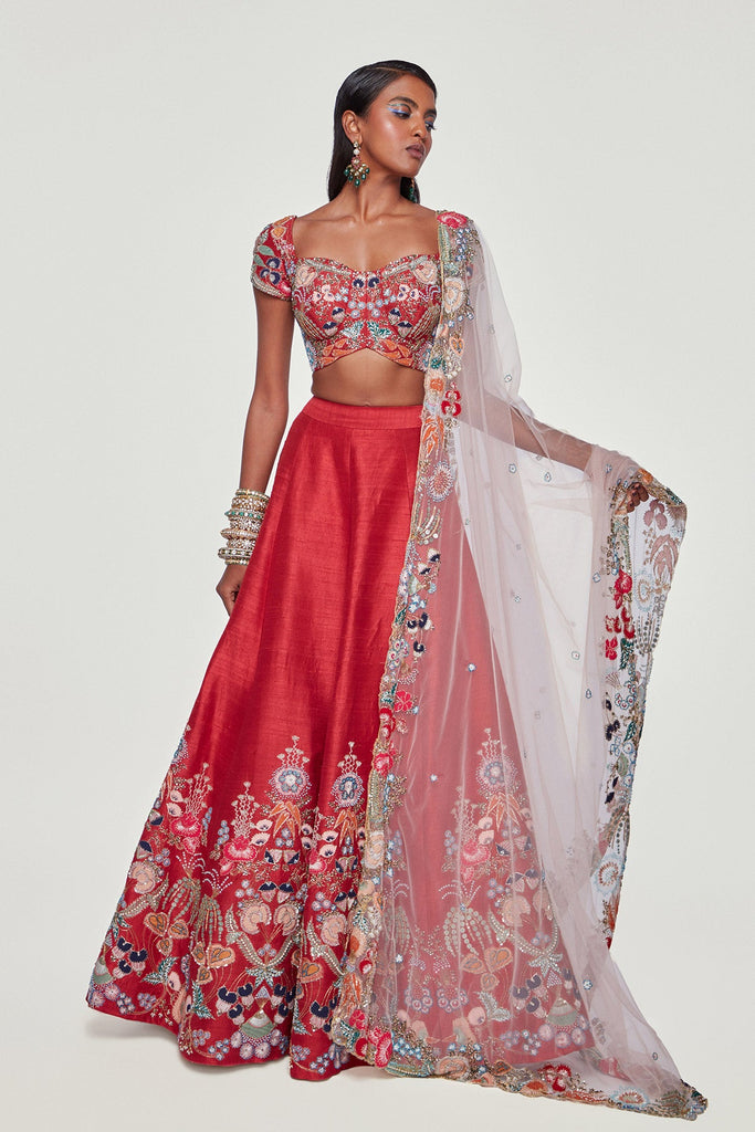Maroon Paper Dolls Tissue Appliquéd and Embellished Lehenga with Blouse and Cutwork Tissue Dupatta 6 / 4 / Tall