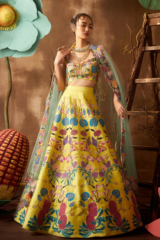 Lime Pastiche Raw Silk Appliquéd And Embellished Lehenga With Blouse And Cutwork Dupatta