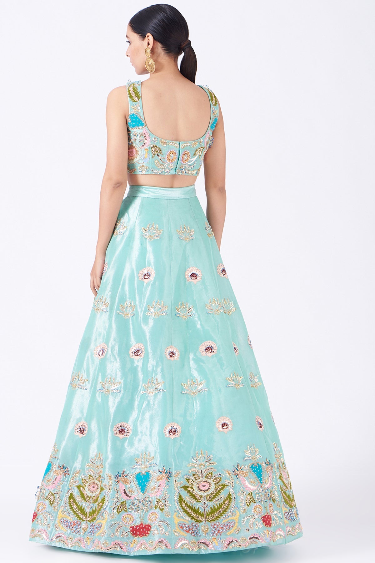 ADHIRA - Light Blue Juna Tissue Appliquéd And Embellished Lehenga With Blouse And Cutwork Tissue Dupatta