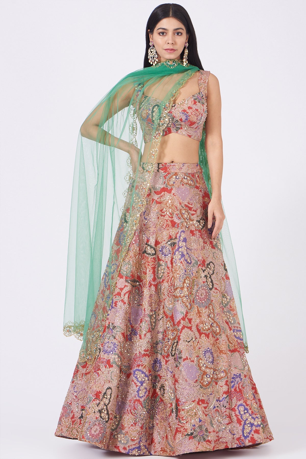 KANIKA - Red Juna Satin Organza Printed And Embellished Top And Skirt With Scallop Dupatta