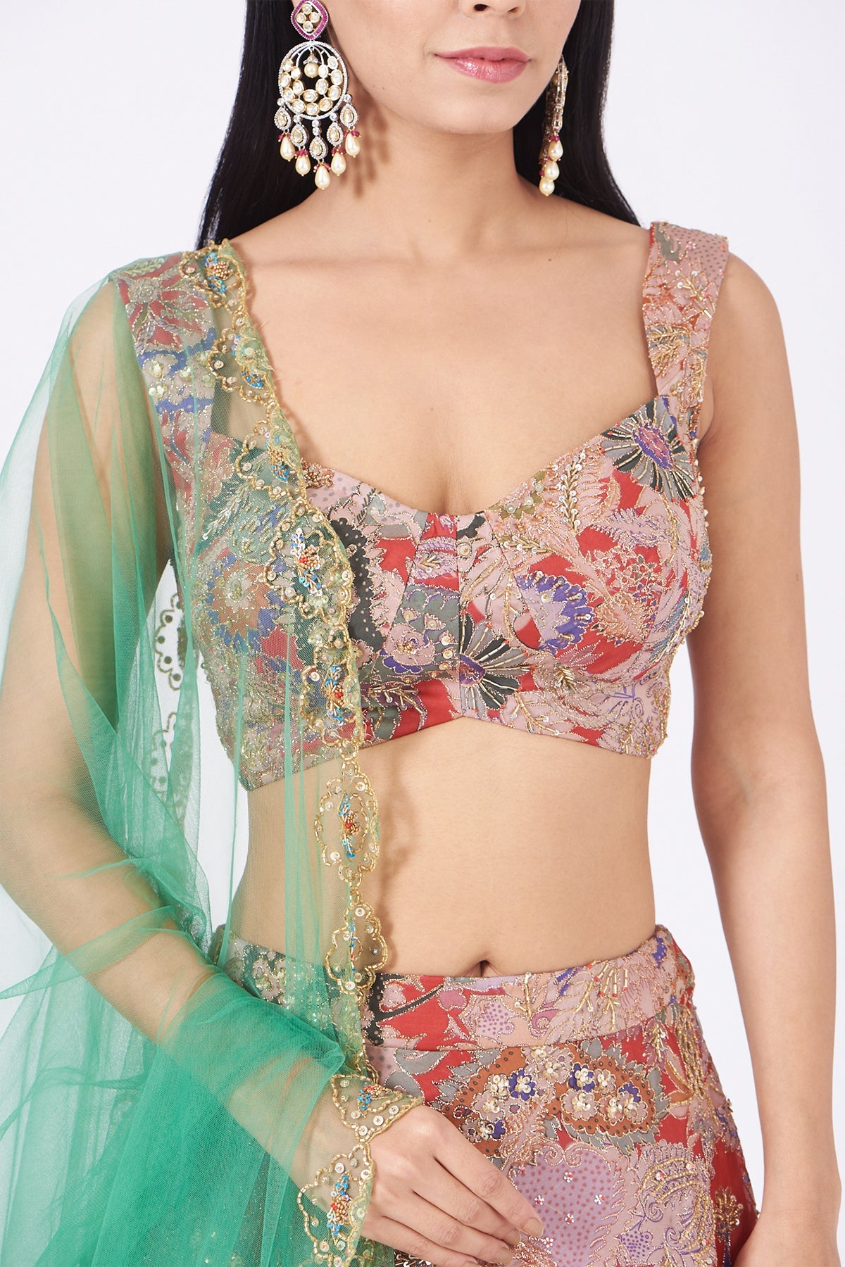 KANIKA - Red Juna Satin Organza Printed And Embellished Top And Skirt With Scallop Dupatta