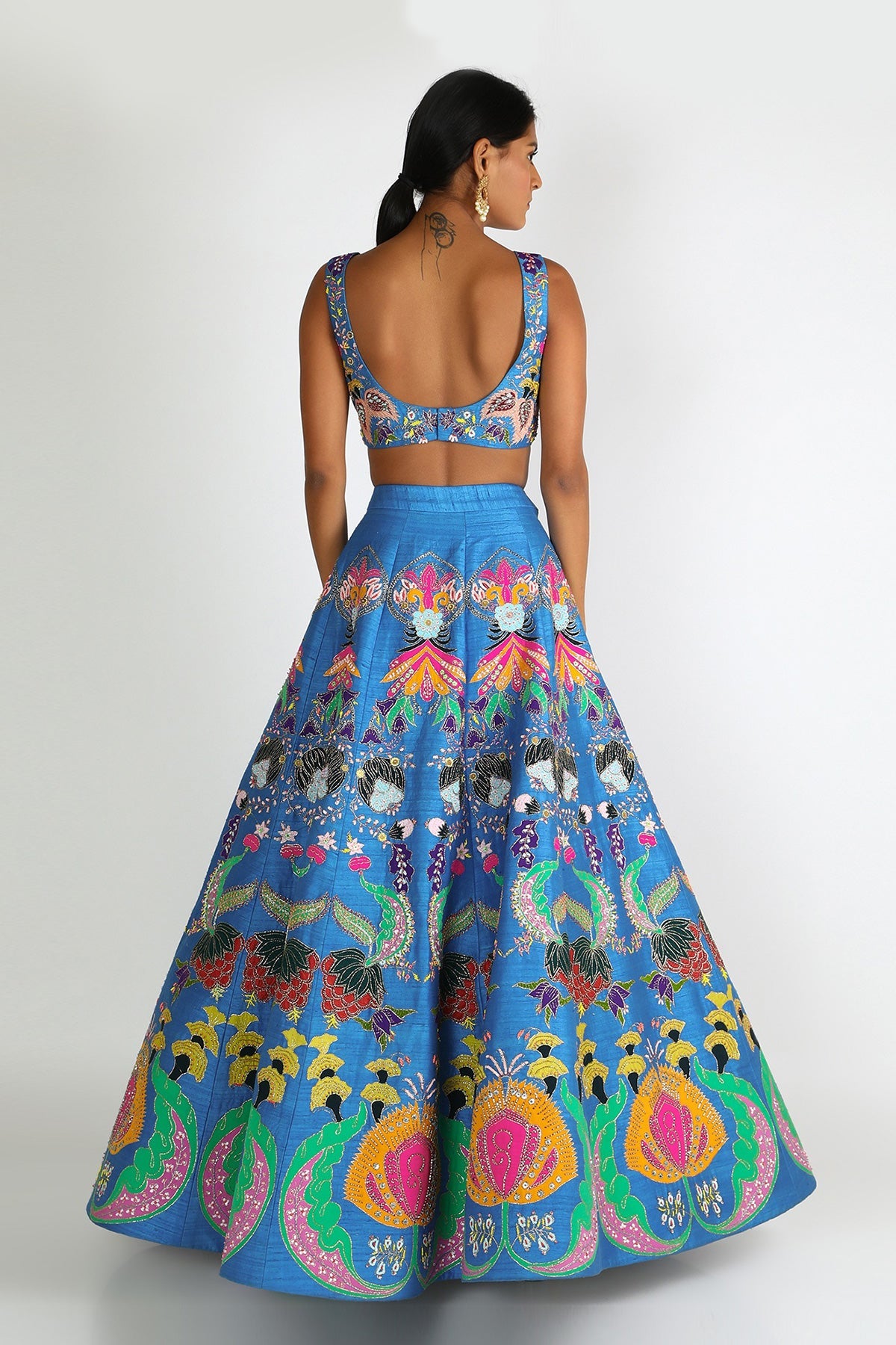 ANAYA - Cyan Blue Nadenka Raw Silk Appliquéd And Embellished Lehenga With Blouse And Cutwork Tulle Dupatta