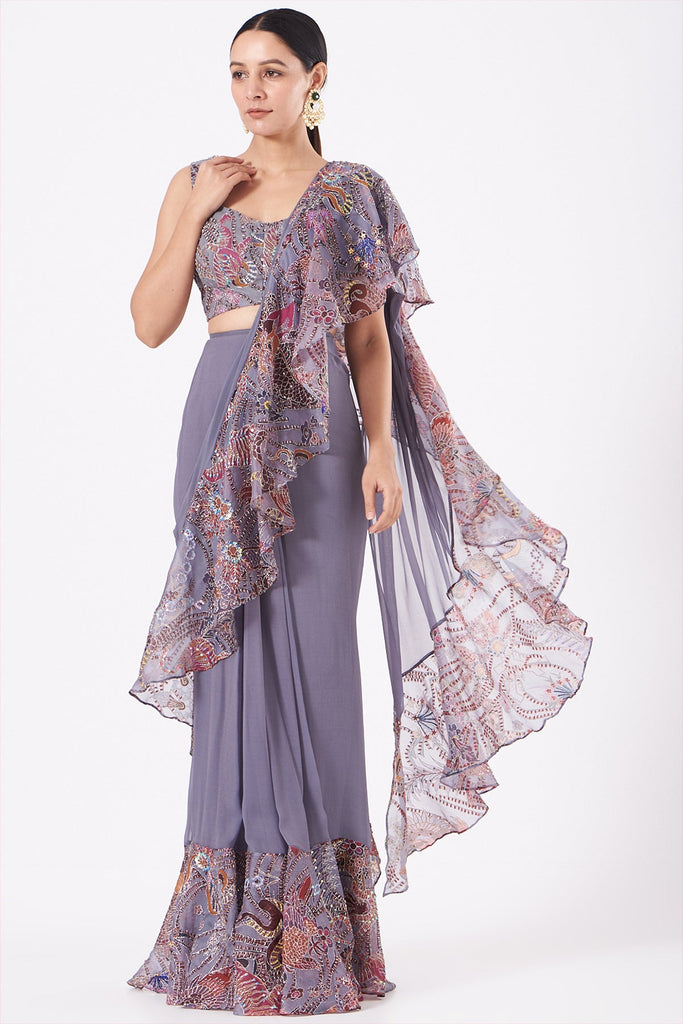 Grey Paper Dolls Organza Printed And Embellished Ruffle Saree And Blouse