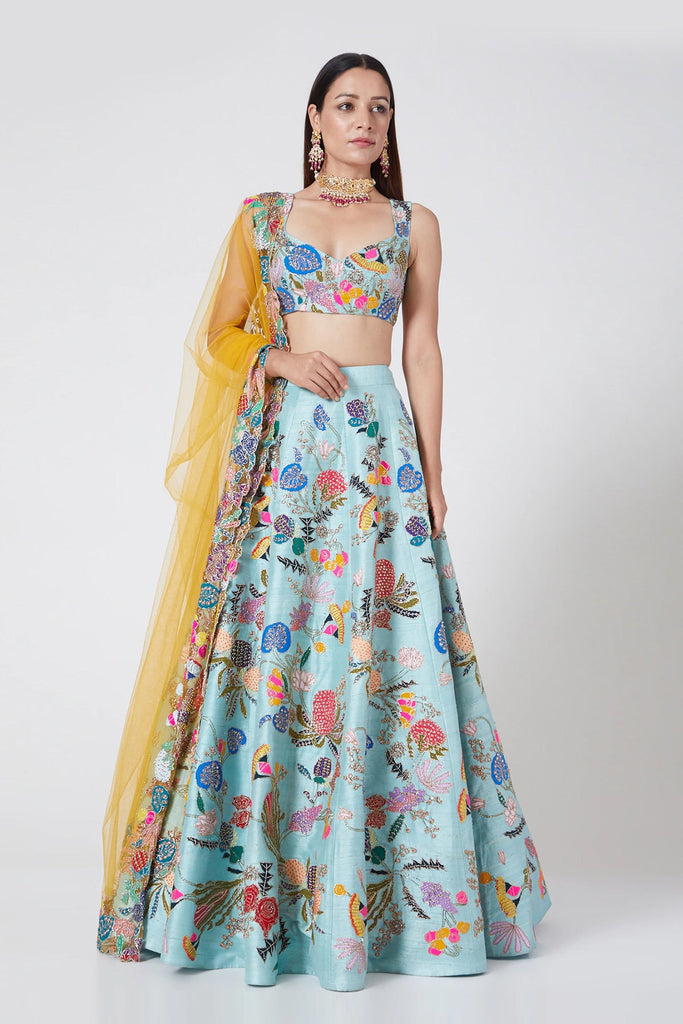 Avatar Blue Pastiche Raw Silk Appliquéd And Embellished Lehenga With Blouse And Cutwork Tulle Dupatta