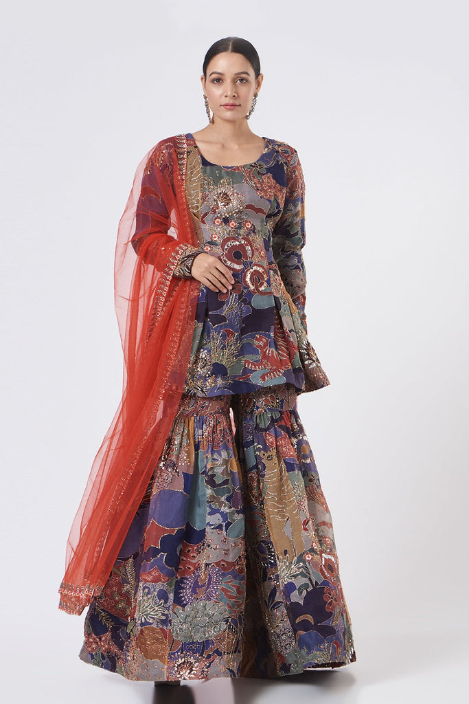 Soch Powder Blue Cotton Faux Mirror Embellished Sharara Suit Set with  Dupatta